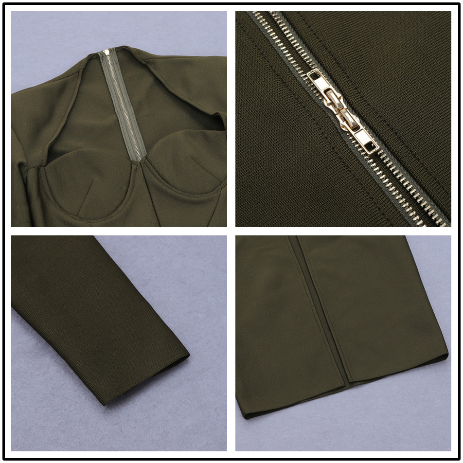 High Quality Women's Army Green Sexy Tight V-neck Long Sleeve Shoulder Rayon Bandage Celebrity Party Dress 210525