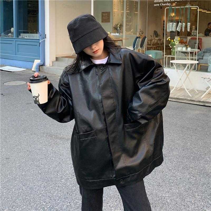 Casual Black Leather Jacket Women Korean Thin Loose Moto Jacket Female Spring Fashion Streetwear Lady Outerwear Biker Coats 210908
