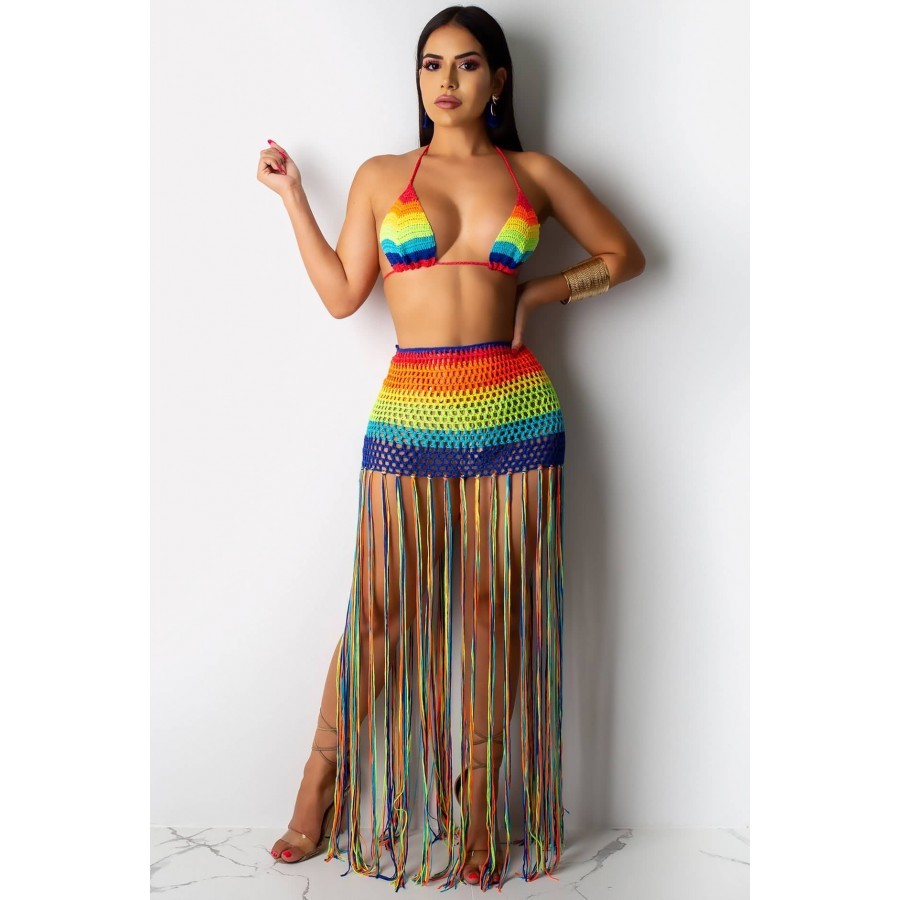 Handmade Crochet Beach Dress Cover Up Rainbow Tassel Sexy 2 Piece Set Crop Top and Skirt Party Club Outfits for Women 210420
