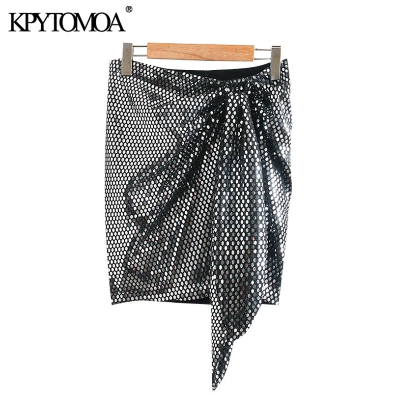 Women Fashion With Knot Shiny Sequin Mini Skirt High Waist Back Zipper Female Skirts Mujer 210420