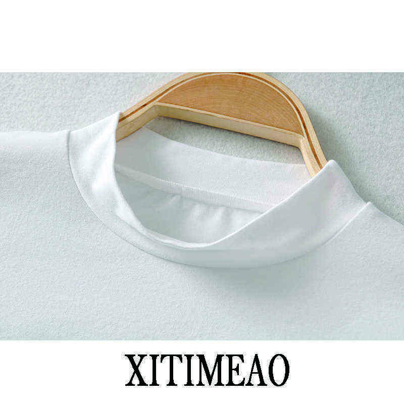 XITIMEAO Turtleneck Women White Cotton T-Shirt Blue Streetwear Tight Shirts Long Sleeve Tights High Waist Short 210602