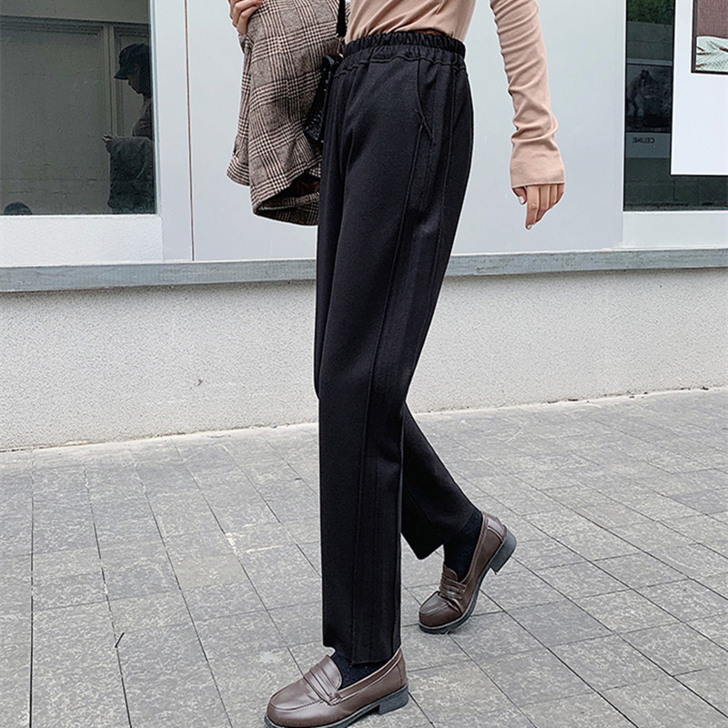 OL Casual High Waist Straight Pants Women Bottoms Autumn Winter Woolen Solid Thick Warm Loose Trousers 210421