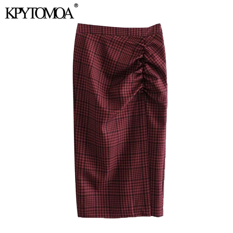Women Chic Fashion Pleated Side Vents Check Midi Skirt High Waist Back Zipper Female Skirts Mujer 210420