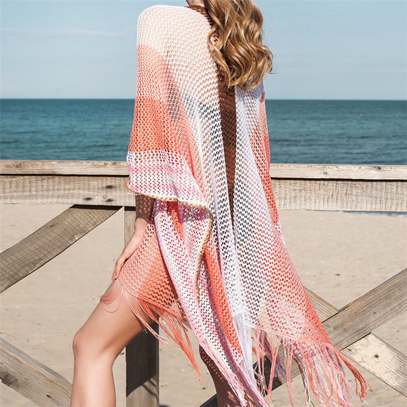 Oversize Bohemian Striped V-neck Cape Sleeve Fringed Knitted Summer Dress Beach Cover Up Women Beachwear Crochet Tunic Q900 210420