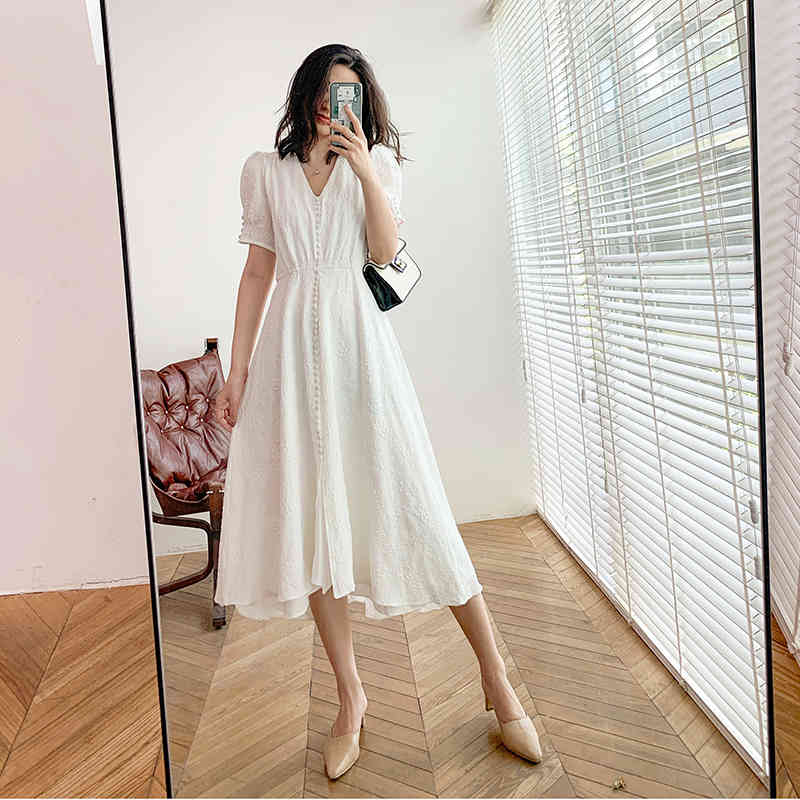 [EAM] Women White Elegant Irregular Long Dress V-Neck Short Puff Sleeve Loose Fit Fashion Spring Summer 1W513 210512