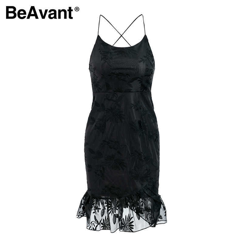 BeAvant elegant ruffles hem lace mesh sundress Backless lace up sexy bodycon mini dress Women party club wear dress vestidos 210709