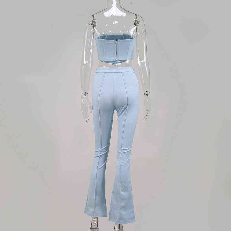 Asia Elegant Flars Pants Set Women Boning Bustier High Waist Long Two Piece Summer Sexy Party Wear Crop Top Suits 211105