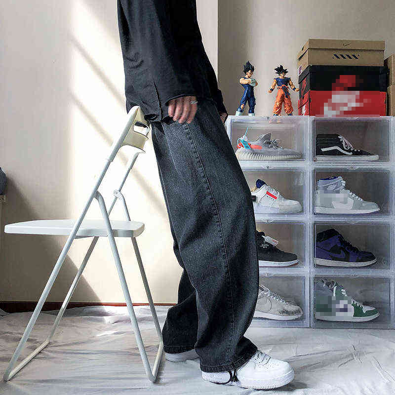 Men's Loose Black/Blue Straight Pants Solid Color Casual Baggy Homme Cargo Pocket Jeans Wide Leg Denim Trousers 211111