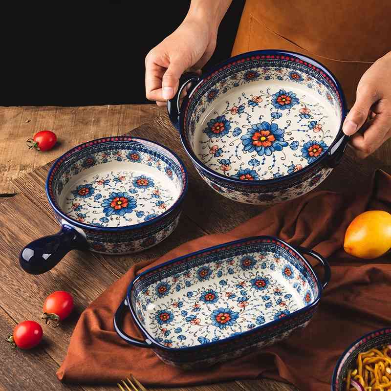 Polish ceramic tableware household handle double ear soup instant noodles salad bowl microwave oven baking pan
Polish ceramic tableware household handle double ear soup instant noodles salad bowl microwave oven baking pan