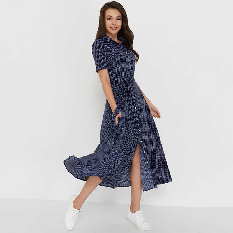 Capucines Women Dot Print Button Shirt Dress Summer Short Sleeve Turn-down Collar Belt A Line Casual Midi Dresses Vestidos 210630