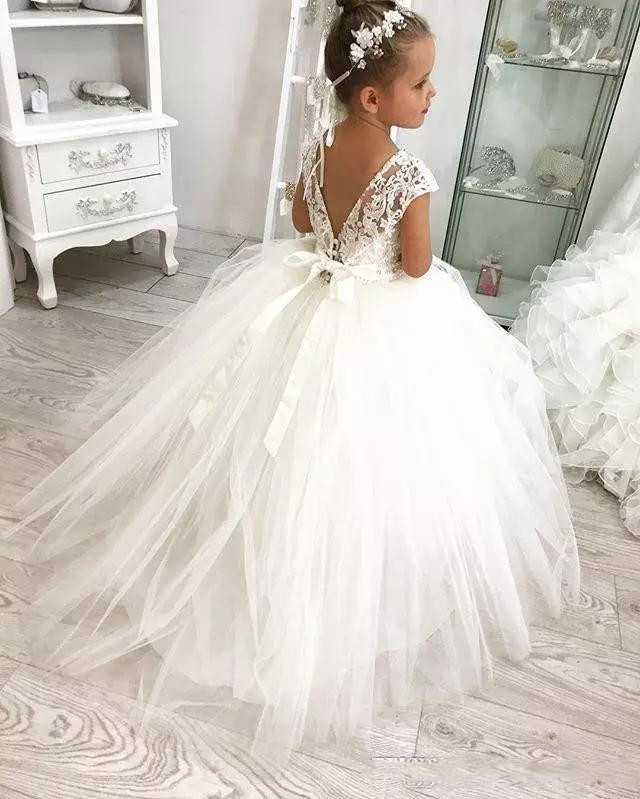 Tulle Cute Ball Gown Flower Girl Dresses Lace Applique Sexy Backless Kids Pageant Dress Floor Length Vestidos De Desfile Nias Sfile Sfile
