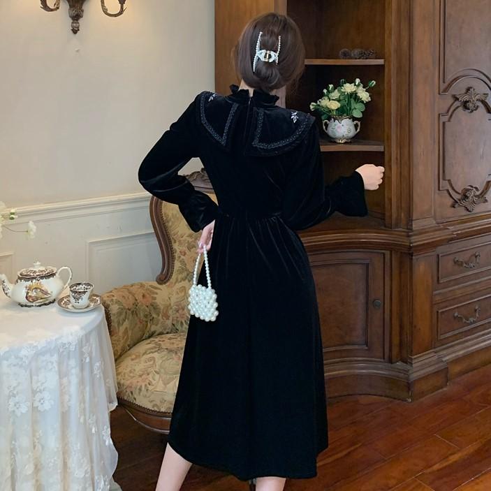 Women Dress A-Line Stand Collar Long Sleeve Mid-calf High Waist Slim Korean Fashion Vintage Autumn Woman Dresses Vestido Clothes Casual