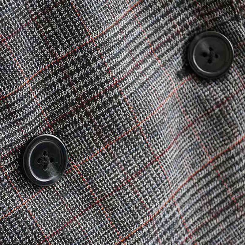 Vintage Double Breasted Women Plaid Blazers Suit Pockets Notched Collar Retro Coat Long Sleeve Lattice Office Jacket Outerwaer 210515