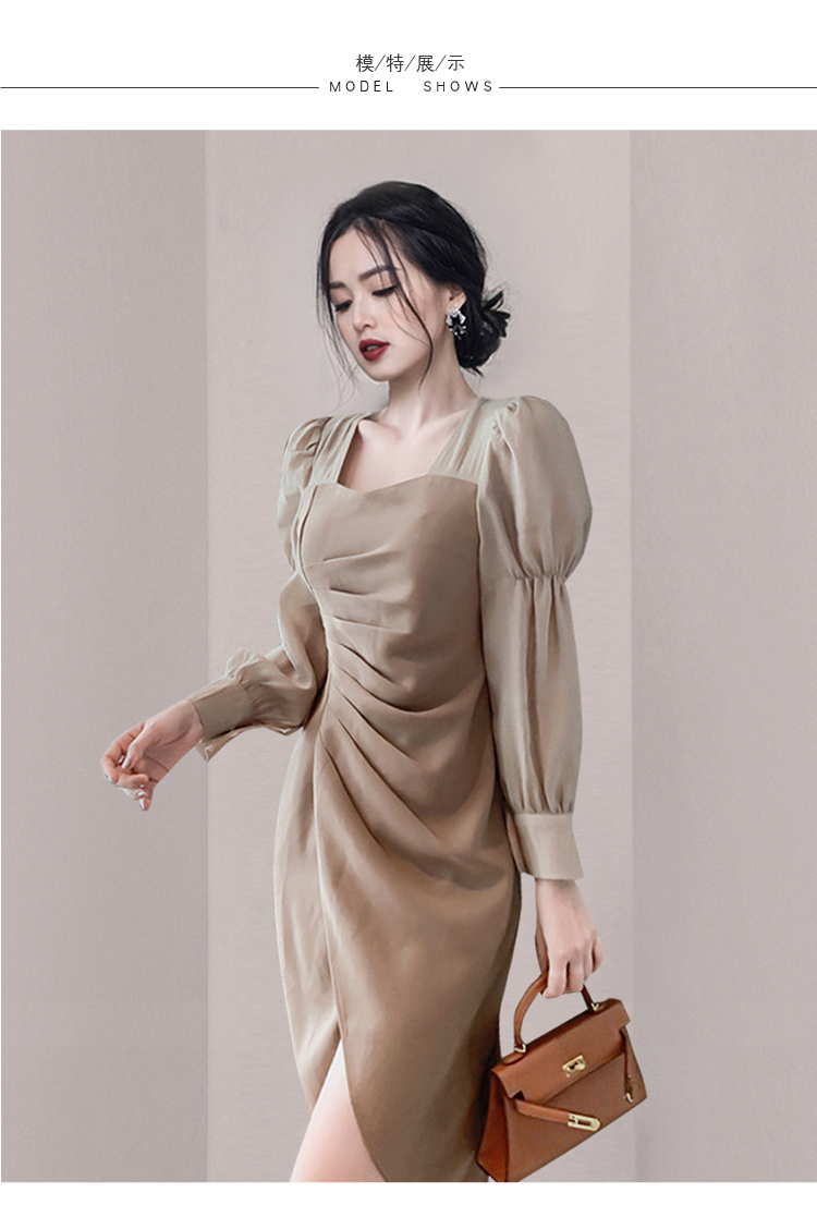 Korean Fashion Elegant Women Square Collar Puff Sleeve Bodycon Vintage Slim Split Sheath Dresses Vestidos 210519