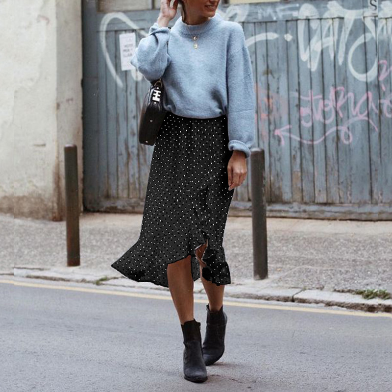 Women Skirt Dot Printed Long s Ruffle Irregular High Waist Loose Summrt s Plus Size Summer 210524