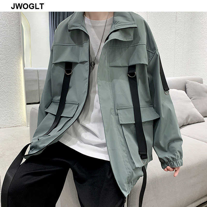 Men's Cargo Jacket Autumn All-Match Harajuku Outwear Korean Style Streetwear Trend Many Pockets Ribbons Zipper Jackets Coats 210528