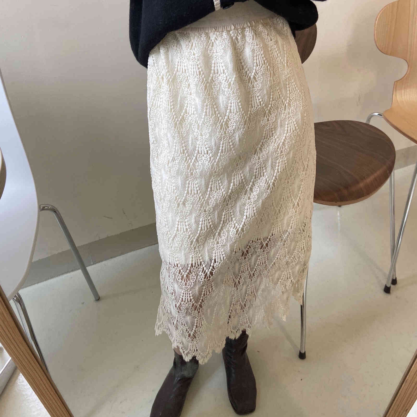 Autumn Winter Elastic High Waist Vintage Bottoming Skirt Female Office Lady Elegant Solid Lace Long Skirts Womens 210421