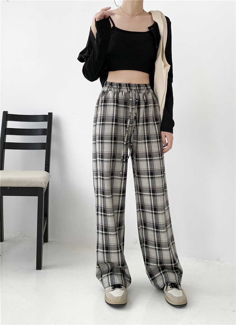 H.SA Wide Leg Pants Women Long Floor Trousers Elestic Tie Waist Plaid Loose Wide Leg Trouser Retro Streetwear Straight Trousers 210716