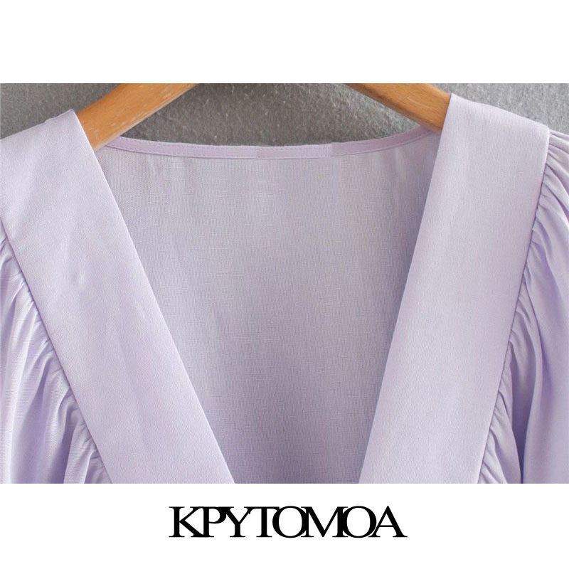 Women Fashion Pleated Linen Cropped Blouses Lantern Sleeve Side Zipper Female Shirts Chic Tops 210420