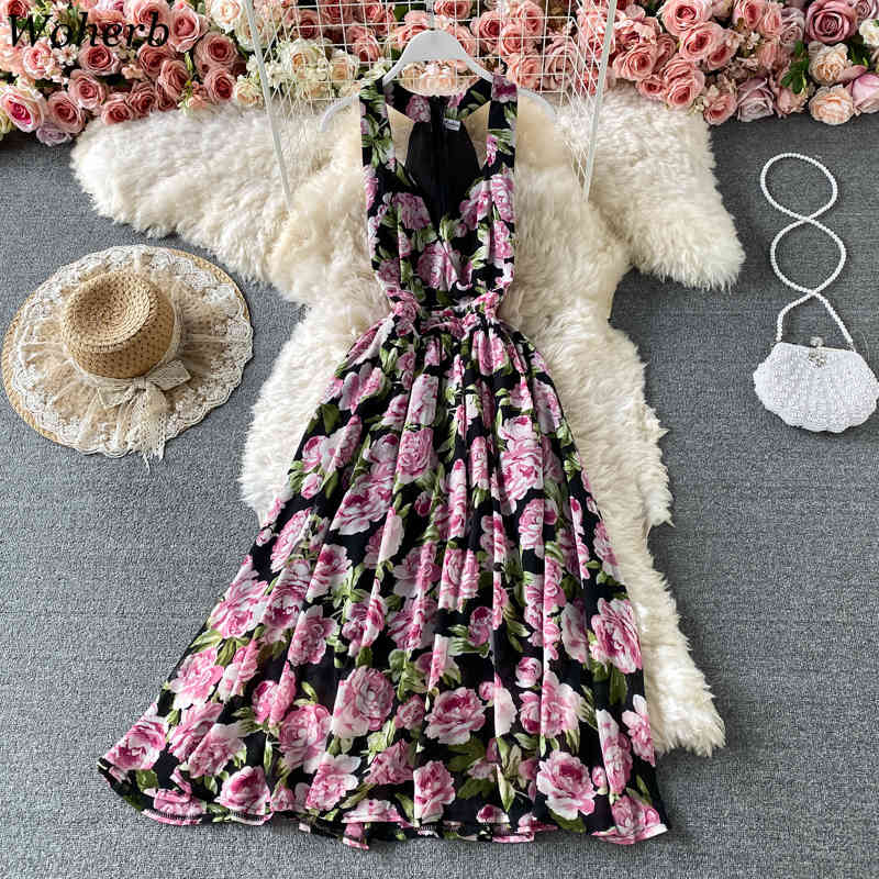 Chiffon Floral Dress Women Summer Robe V Neck Sleeveless Off Shoulder Dresses Korean Temperament Vintage Maxi Vestido 210519