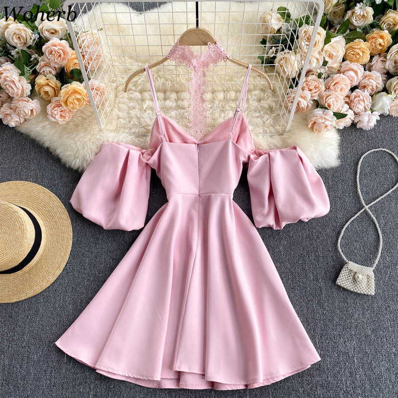 Women Elegant Halter Dress Vestidos Summer Vintage Puff Sleeve A Line Evening Party Dresses Ladies Lace Robe 210519