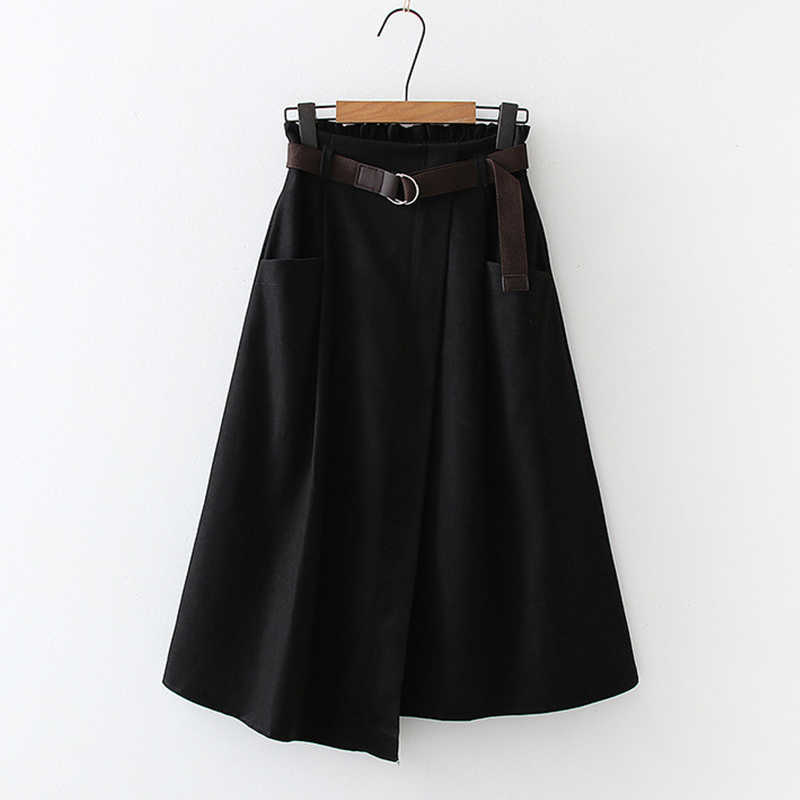 SURMIITRO Spring Autumn Women Korean Style Super Quality Black Female High Elastic Waist School Midi Skirt With Belt 210619