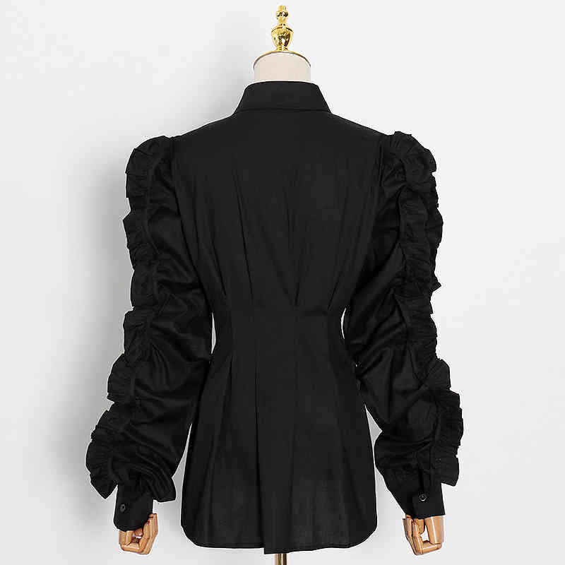 TWOTWINSTYLE White Patchwork Ruffle Shirt For Women Lapel Long Sleeve Casual Tunic Blouse Female Fashion Clothing Style 210517