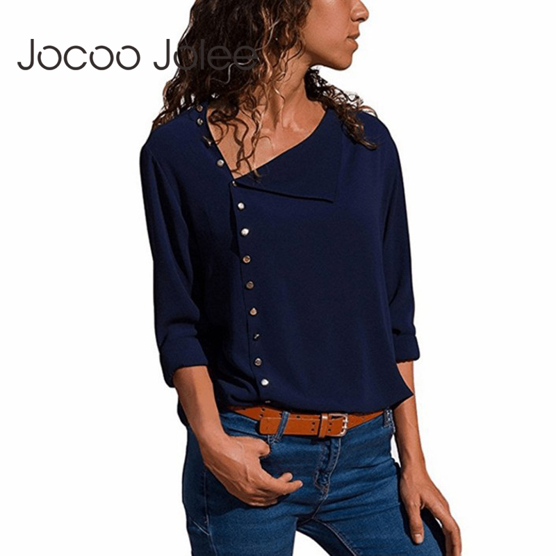 Women Long Sleeve Chiffon Blouses and Tops Fashion Skew Collar Button Fly Office Shirts Casual Blusas 210428