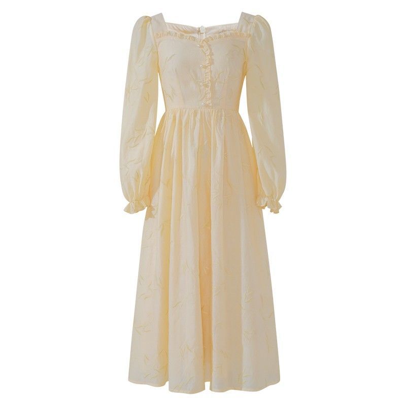 Midi Dress Women French Elegant Vintage Square Collar Long Puff Sleeve Party Chic Retro Dress Korean Autumn Clothing 210521