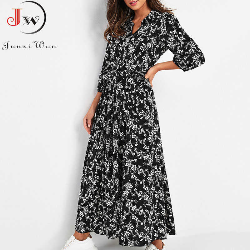 Women Maxi Dress Vintage Floral Print Chiffon Boho Long Dress Turn Down Collar Casual Elegant Shirt Dresses Robe Femme Vestidos 210630