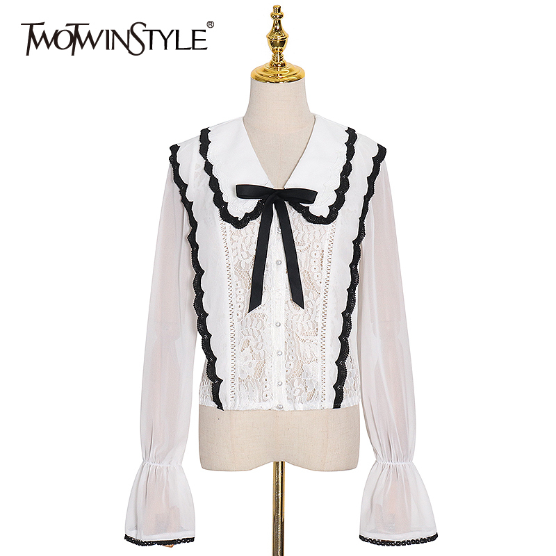 TWOTWINSTYLE White Patchwork Lace Blouse For Women V Neck Flare Sleeve Bowknot Elegant Shirt Female Fashion Clothing Autumn 210517