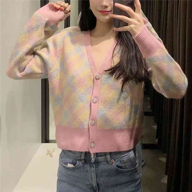 Streetwear Women Rhombus Plaid Sweaters Fashion Ladies Diamonds Button Coats Elegant Female Chic Knitted Cardigan 210430