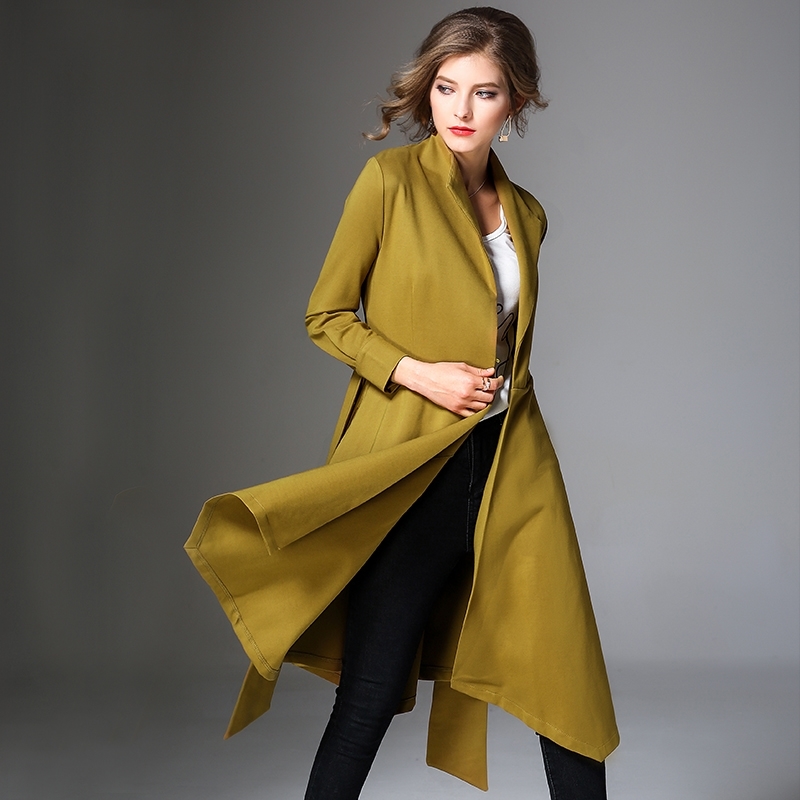 Fashion Coat Women Autumn Winter Turn Down Collar Solid Thick Long Sleeve Belt Irregular Trench Elegant 210514