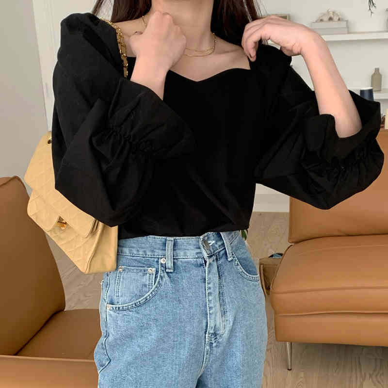 Nomikuma Square Collar Korean Causal Women Top Blouse Solid Puff Long Sleeve Blusas Femme Pullover Shirt New Arrival 6D774 210427