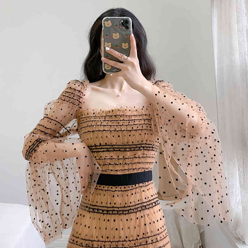 Arrive Autumn High Quality Sequins Dot Dress Women's Flared Long sleeve Runway Vestidos 210520