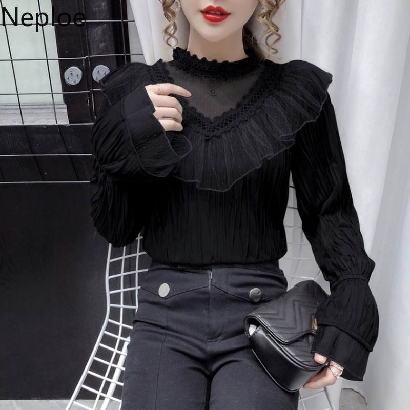 Neploe Stand Neck Hollow Out Blouse Women Gauze Patchwork Lace Tops New Fashion Ruffles Temperament Shirt Blusas Mujer 210422