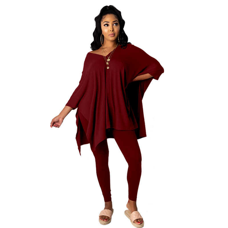 Designers Women Clothes pants 2023 autumn and winter solid color slotted V-neck bat sleeve two piece set
