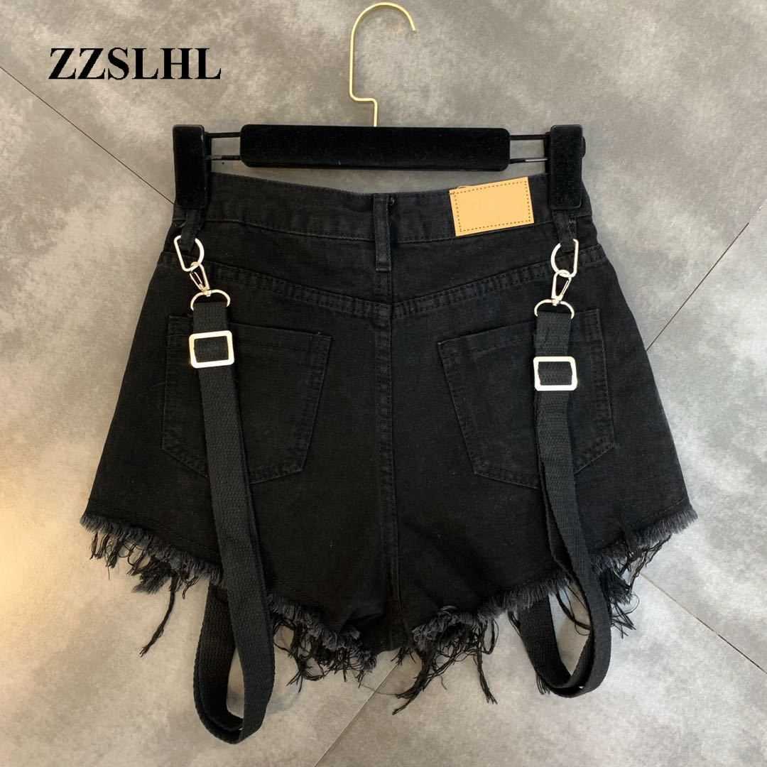Spring Summer Liuding Hole With Shoulder Strap Trend Female Denim Shorts 210724