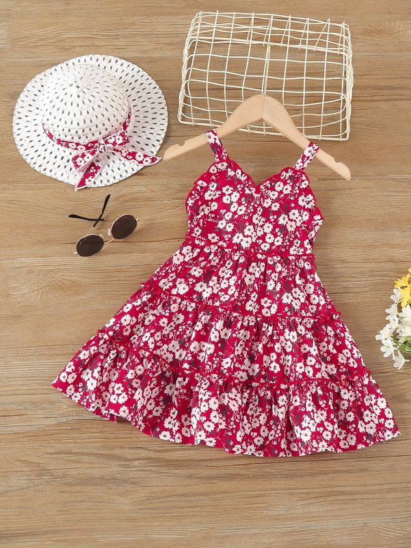 Toddler Girls Ditsy Floral Layered Hem Cami Dress With Headband SHE