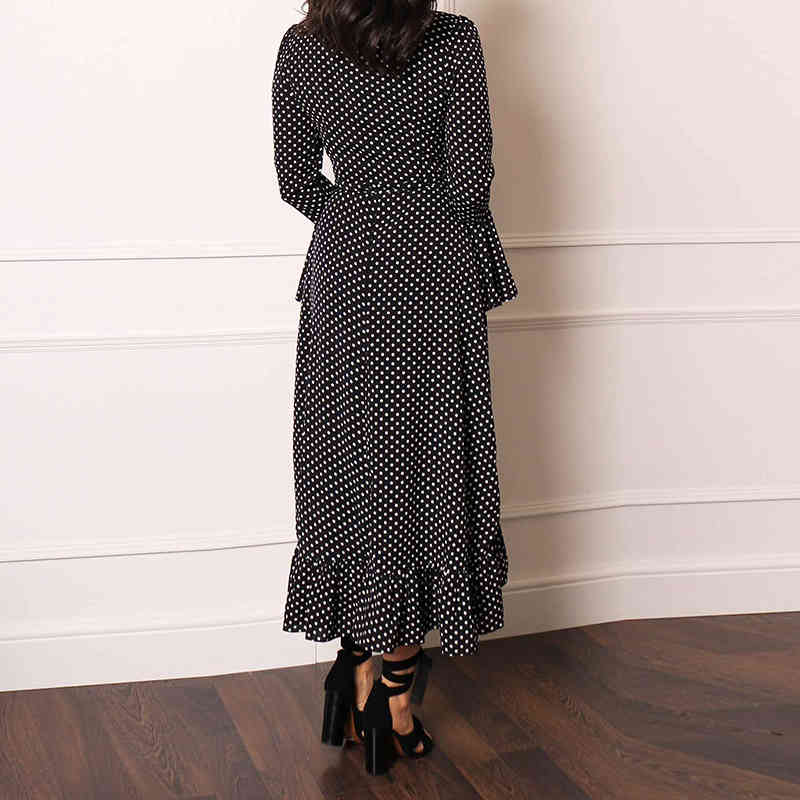 Women Chic Polka Dot Long Dress Female Ruffles Split Party es Ladies V Neck Flare Sleeve Casual Maxi 210508