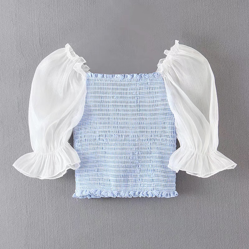 Puff Sleeve Gauze Spliced Plaid Crop Top Women Sexy Wood Ears Ruffle Tank Tops Summer Cool Girl Streetwear Slim Fit Tees 210429