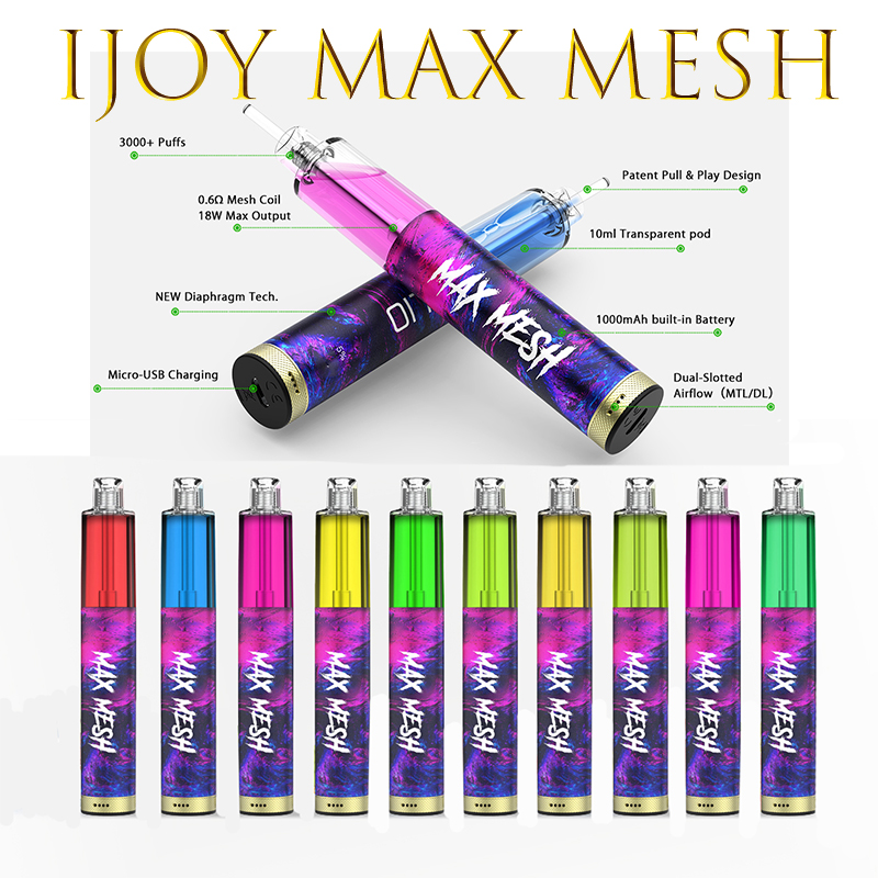 E-cigarettes Original Ijoy Max Mesh 3000 Puffs disposable vape Rechargeable with Mash coil Air flow 10ml Pods 1000mah battery Dual Slotted Loy xl
E-cigarettes Original Ijoy Max Mesh 3000 Puffs disposable vape Rechargeable with Mash coil Air flow 10ml Pods 1000mah battery Dual Slotted Loy xl