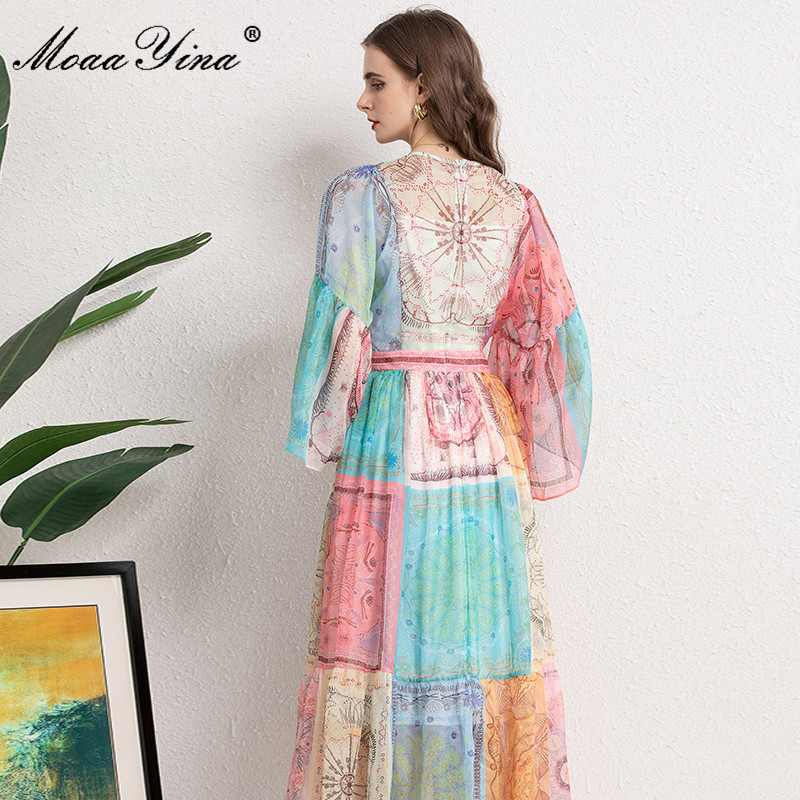 Women's Summer Retro Vacation Dresses Loose Long sleeve Colorblock printing High waist Chiffon Maxi Dress 210524