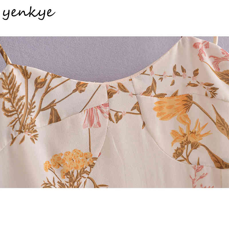 YENKYE Summer Women Vintage Floral Print Sexy Slits Sling Dress Female Holiday Beach Dress Chiffon Vestido 210515