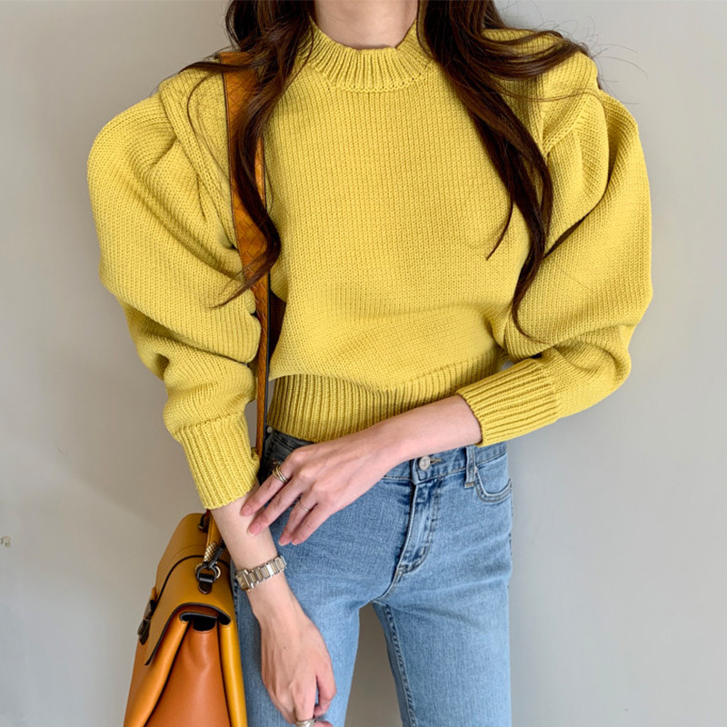 Candy Color Autumn Solid Pullovers Puff Sleeve Winter Korean Short Mujer Sueteres Elegant Sweaters Women 18480 210415
