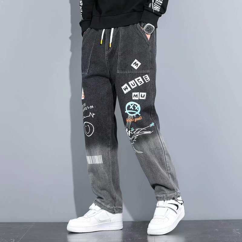 Yoa autumn new letter printing jeans men's fashion brand loose cartoon graffiti leggings and drawstring pants X0621