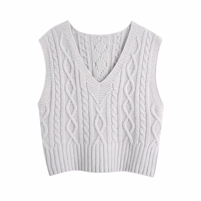 Streetwear Women V-Neck Sweaters Vest Fashion LadiesTwist Knitted Tops Elegant Female Chic Solid Grey Tanks 210430