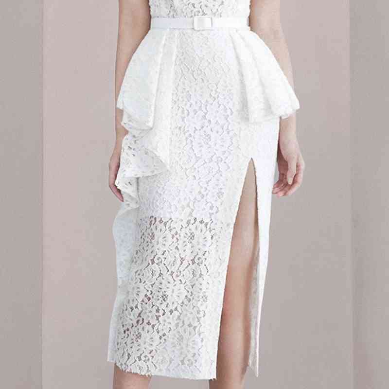 Elegant White Lace Dress For Women Sexy Spaghetti Strap Sleeveless High Waist Ruffle Split Dresses Summer Fashion 210520