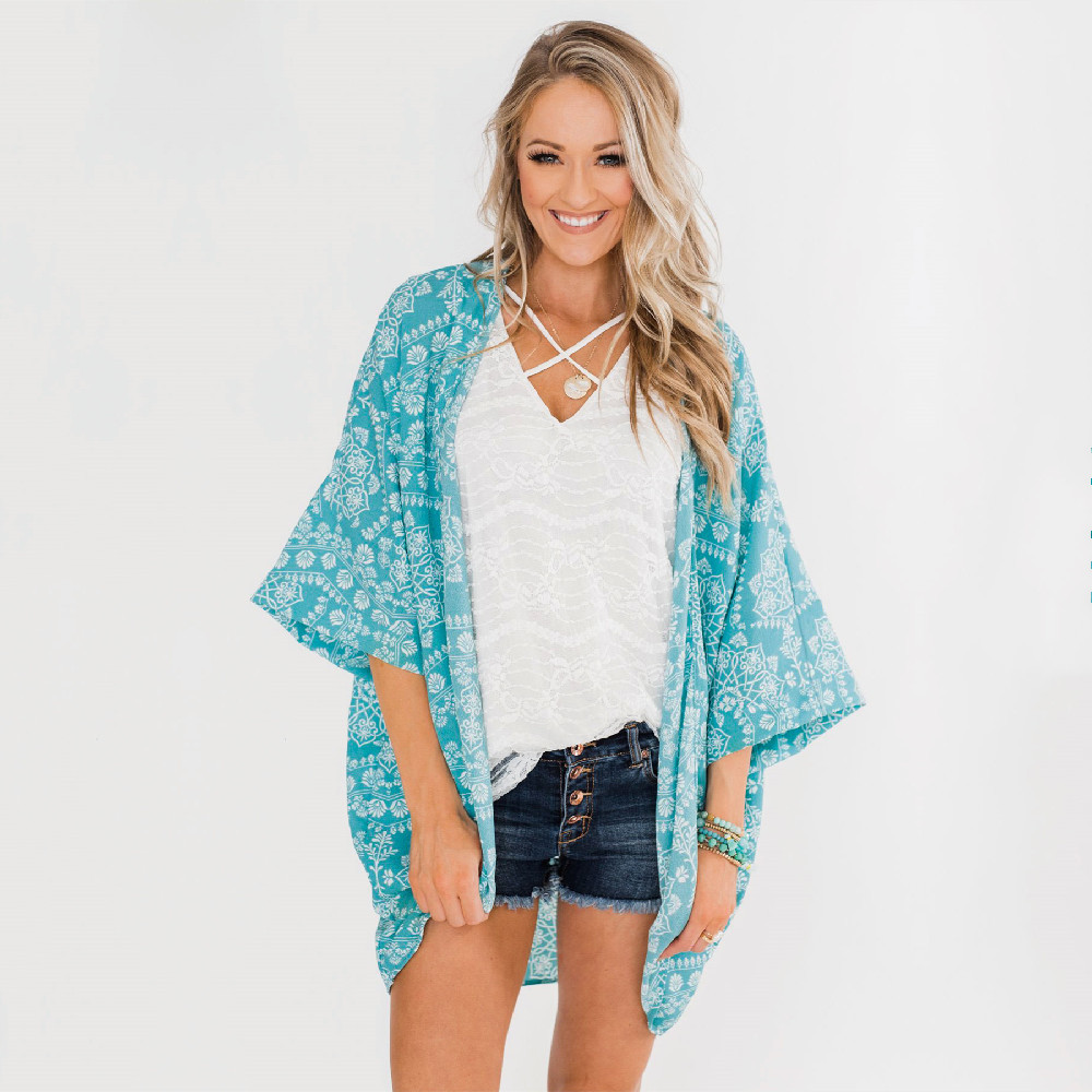 Blue Boho Print Chiffon Bathing Suit Cover-ups Plus Size Beach Wear Short Kimono Dress Women Summer Swimsuit Cover Up A824 210420