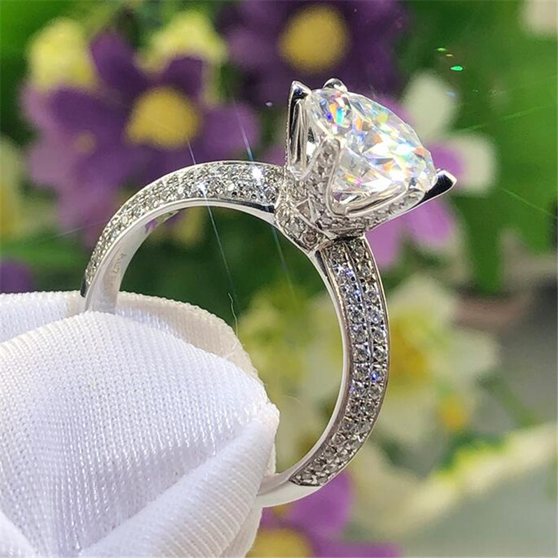 Size 5-10 Classical Six Claw Wedding Rings Luxury Jewelry Real Soild 925 Sterling Silver 8MM Round Cut White Topaz Moissanite Pave CZ Diamond Women Et